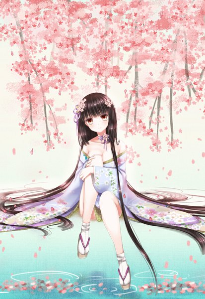 Anime picture 689x1000 with original hiroharu single long hair tall image looking at viewer blush fringe breasts light erotic black hair large breasts sitting bare shoulders brown eyes cleavage traditional clothes japanese clothes hair flower cherry blossoms