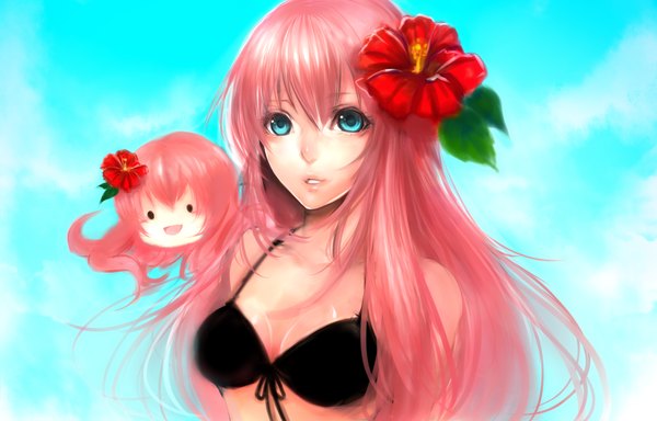 Anime picture 1842x1181 with vocaloid megurine luka takoluka sasaki ryou long hair highres blue eyes pink hair hair flower blue background girl hair ornament flower (flowers) swimsuit bikini black bikini hibiscus