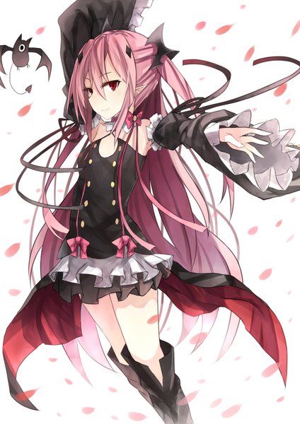 Anime picture 1060x1500 with owari no seraph wit studio kururu tepes arukanu keid single tall image looking at viewer simple background red eyes white background bare shoulders pink hair long sleeves very long hair wide sleeves two side up dancing girl dress
