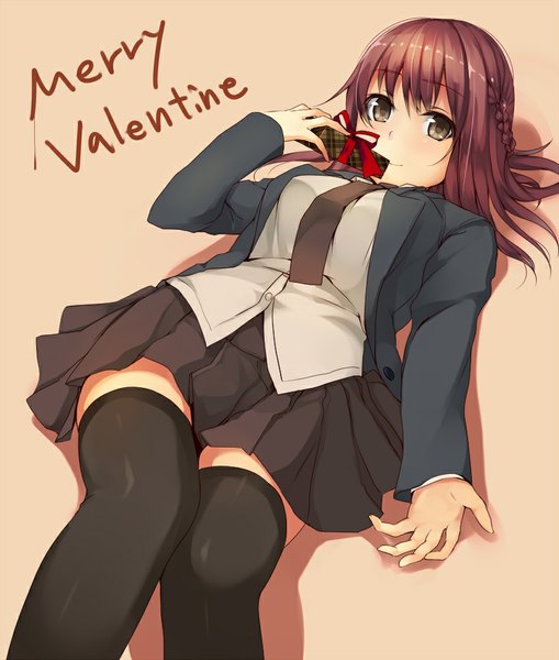 Anime picture 848x1000 with original unasaka ryou single long hair tall image brown hair lying black eyes valentine girl thighhighs skirt uniform black thighhighs school uniform necktie gift