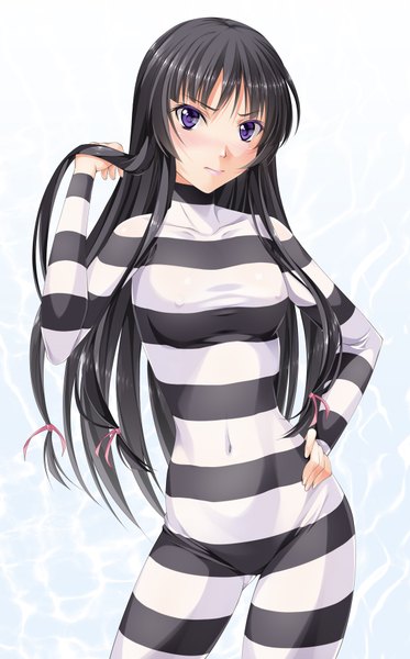 Anime picture 1126x1812 with boku wa tomodachi ga sukunai mikazuki yozora mukunokino isshiki single long hair tall image highres light erotic black hair simple background white background purple eyes hand on hip striped girl