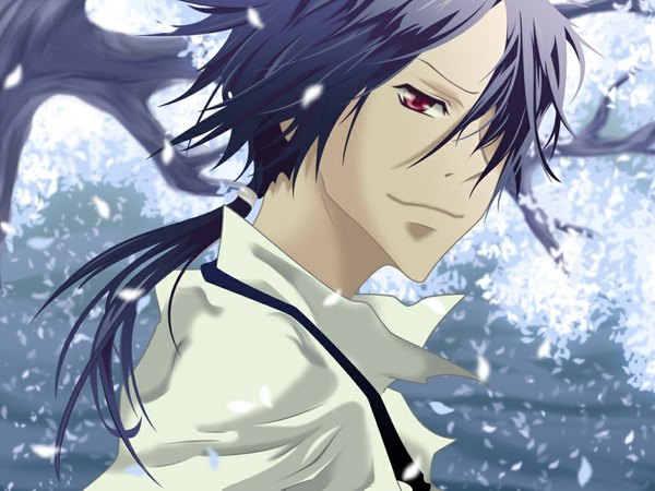 Anime picture 1024x768 with katekyou hitman reborn rokudo mukuro long hair fringe red eyes blue hair tail looking back hair over one eye boy plant (plants) shirt petals tree (trees) choker necktie branch