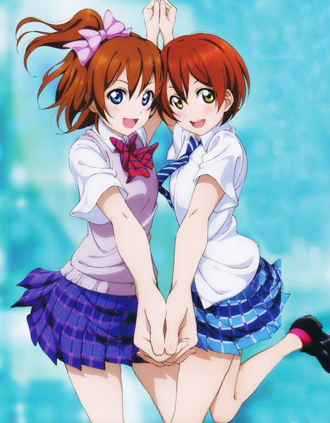 Anime picture 5410x6925 with love live! school idol project sunrise (studio) love live! kousaka honoka hoshizora rin tall image looking at viewer blush highres short hair open mouth blue eyes brown hair multiple girls green eyes absurdres scan orange hair one side up girl