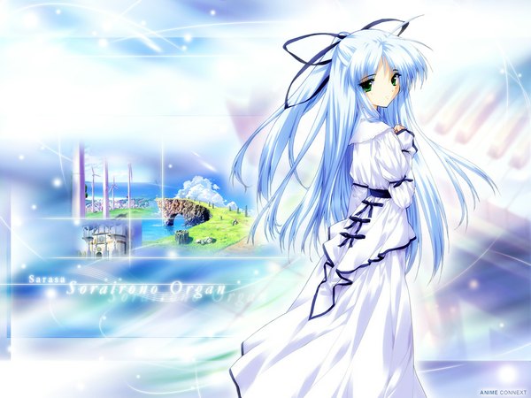 Anime picture 1024x768 with sorairo no organ (game) long hair green eyes blue hair dress ribbon (ribbons) sarasa