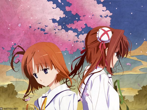 Anime picture 1600x1200 with da capo da capo ii asakura yume tsukishima koko shimazawa noriko fringe short hair blue eyes brown hair multiple girls signed payot looking away sky upper body outdoors long sleeves cherry blossoms looking down sad