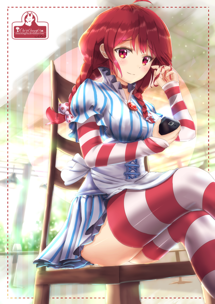 Anime picture 1024x1448 with wendy's wendy chan chinchongcha single long hair tall image looking at viewer blush fringe breasts light erotic smile hair between eyes red eyes ahoge red hair indoors braid (braids) light smile sparkle