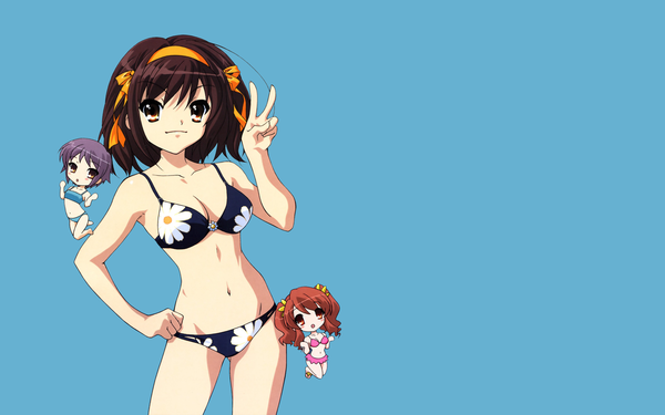 Anime picture 1920x1200 with suzumiya haruhi no yuutsu kyoto animation suzumiya haruhi nagato yuki asahina mikuru highres wide image blue background girl swimsuit bikini floral print bikini