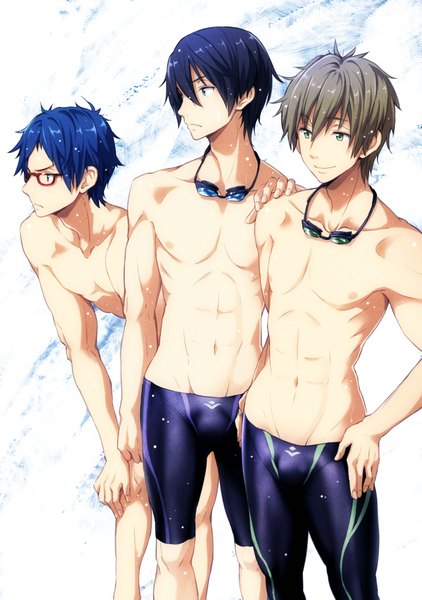 Anime picture 711x1010 with free! kyoto animation nanase haruka (free!) tachibana makoto ryugazaki rei tokunou shoutarou tall image fringe short hair blue eyes light erotic smile hair between eyes brown hair green eyes blue hair looking away profile multiple boys groin