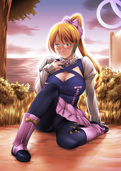 Anime picture 1085x1530 with aquarion (series) aquarion evol satelight mix (aquarion) long hair tall image blush blonde hair green eyes ponytail evening sunset girl dress bow hair bow glasses boots