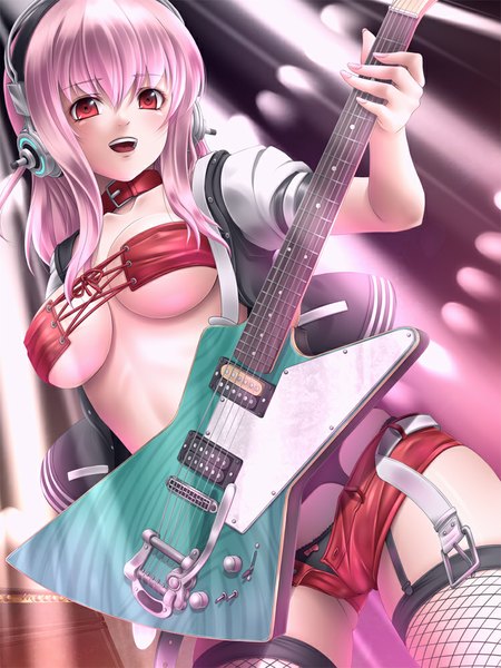 Anime picture 750x1000 with nitroplus super sonico mochi.f single long hair tall image breasts open mouth light erotic red eyes pink hair girl thighhighs shorts headphones guitar fishnet stockings electric guitar