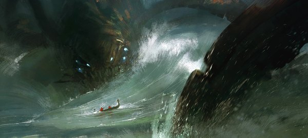 Anime picture 1600x719 with original tiger1313 wide image storm sea monster watercraft people wave (waves) boat kraken