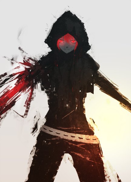 Anime picture 1800x2500 with original slyvanie single tall image fringe highres red eyes red hair dark skin glowing glowing eye (eyes) assassin girl belt hood pants