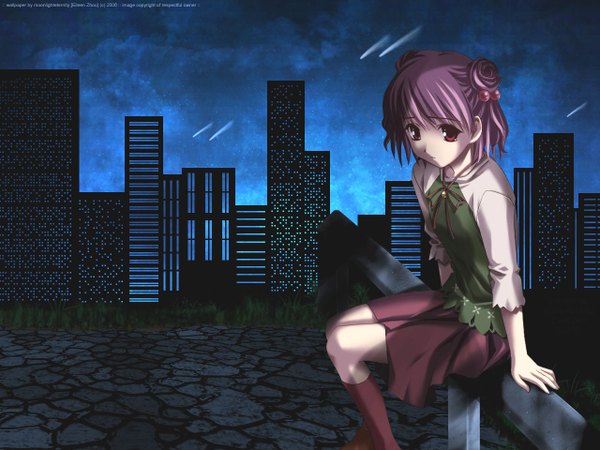 Anime picture 1280x960 with ever 17 yagami coco single fringe short hair red eyes sitting purple hair night night sky girl skirt ribbon (ribbons) building (buildings) star (stars) skyscraper