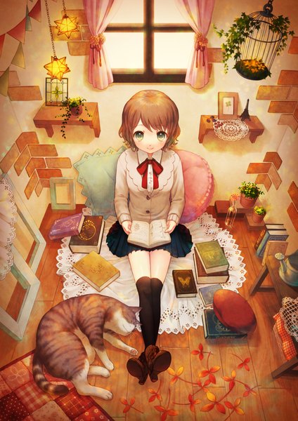 Anime picture 2893x4092 with original megumu single tall image looking at viewer highres short hair smile brown hair sitting brown eyes girl thighhighs skirt black thighhighs animal window book (books) cat cage