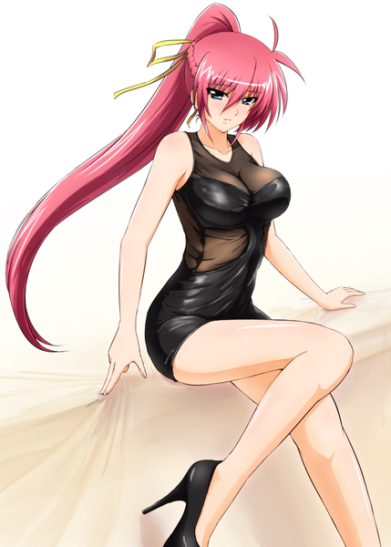 Anime picture 755x1056 with mahou shoujo lyrical nanoha signum diesel-turbo single long hair tall image looking at viewer blush fringe breasts blue eyes light erotic large breasts sitting bare shoulders pink hair bent knee (knees) ponytail high heels girl