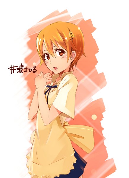Anime picture 1456x2000 with working!! a-1 pictures inami mahiru pmpmpm single tall image blush short hair open mouth simple background white background orange hair orange eyes hieroglyph waitress girl hair ornament hairclip apron