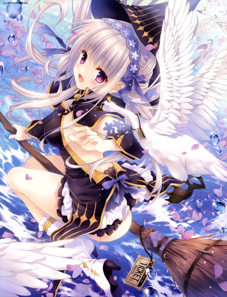 Anime picture 3952x5153 with original dengeki moeou tatekawa mako single long hair tall image blush fringe highres breasts open mouth light erotic smile purple eyes absurdres silver hair bent knee (knees) :d from above scan