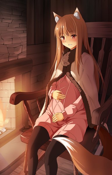 Anime picture 600x935 with spice and wolf horo shiseki hirame single long hair tall image blush fringe smile red eyes brown hair sitting animal ears payot looking away indoors tail blunt bangs head tilt animal tail