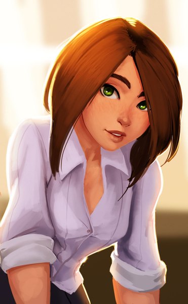 Anime picture 1024x1656 with carlos eduardo single tall image looking at viewer short hair green eyes lips orange hair leaning leaning forward eyebrows girl shirt white shirt