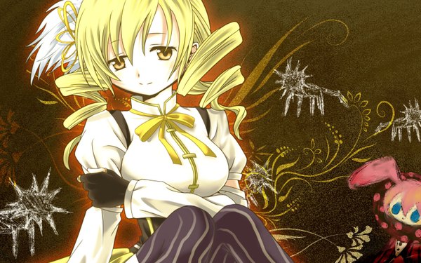 Anime picture 1500x938 with mahou shoujo madoka magica shaft (studio) tomoe mami charlotte (madoka magica) long hair looking at viewer blonde hair wide image sitting orange eyes drill hair girl thighhighs gloves ribbon (ribbons) hat striped thighhighs