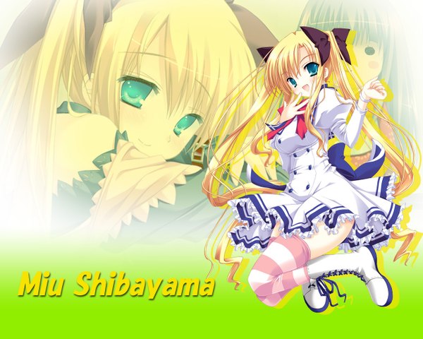 Anime picture 1280x1024 with coming x humming!! shibayama miu kozakura ryou (artist) single looking at viewer open mouth blonde hair smile twintails very long hair aqua eyes wallpaper character names jumping girl thighhighs dress bow hair bow boots