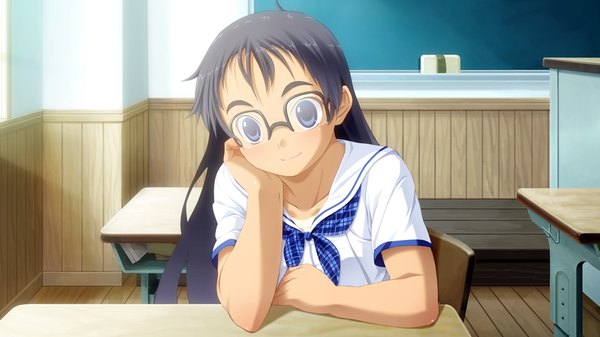 Anime picture 1024x576 with suigetsu 2 long hair blue eyes black hair wide image game cg girl glasses serafuku