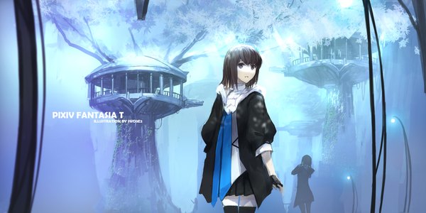 Anime picture 2232x1116 with original pixiv fantasia pixiv fantasia t swd3e2 highres short hair black hair wide image brown eyes looking away pleated skirt watermark fantasy scenic fog girl thighhighs skirt gloves black thighhighs