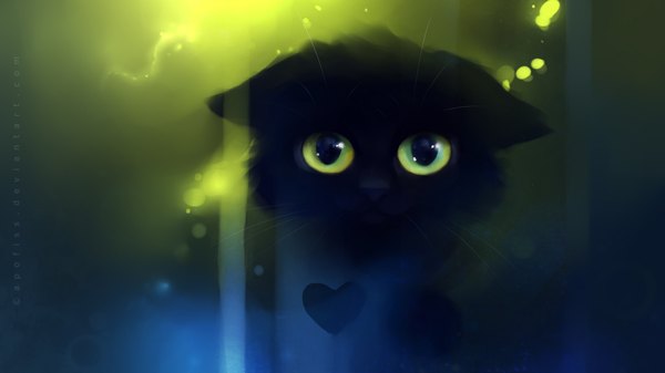 Anime picture 1920x1080 with original apofiss single highres wide image green eyes animal heart cat