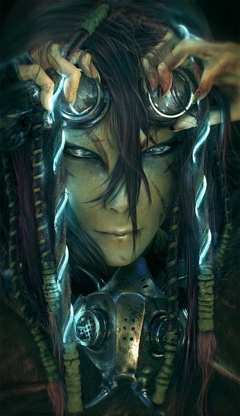 Anime picture 1000x1733 with original wen-jr single long hair tall image looking at viewer fringe lips realistic glowing close-up girl mask goggles dreadlocks