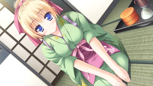 Anime picture 1280x720 with hanairo heptagram tamami koishikawa moekibara fumitake looking at viewer blue eyes blonde hair wide image game cg traditional clothes girl ribbon (ribbons) hair ribbon apron