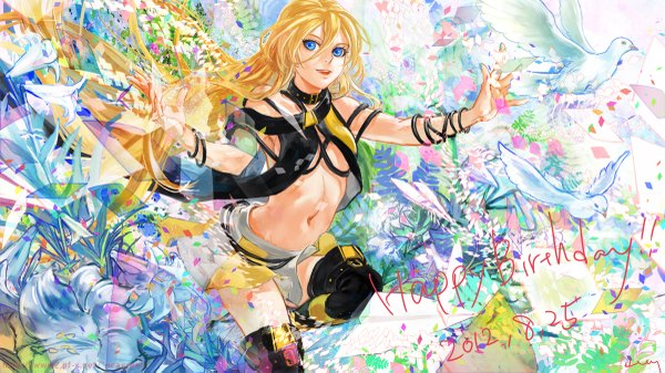 Anime picture 1200x675 with vocaloid lily (vocaloid) yamakawa umi single long hair looking at viewer open mouth blue eyes blonde hair wide image bare shoulders signed inscription happy birthday girl navel flower (flowers) animal bird (birds) collar