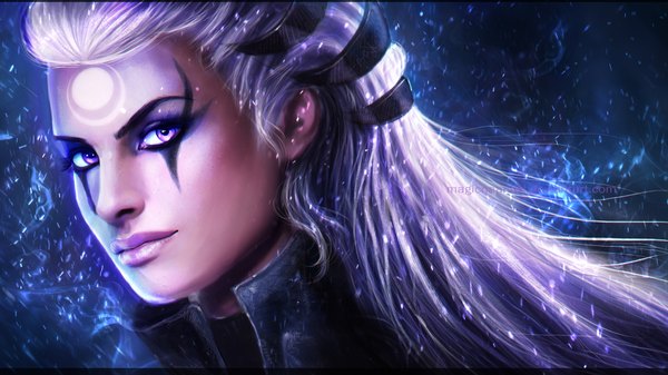 Anime picture 1920x1080 with league of legends diana (league of legends) magicnaanavi single long hair looking at viewer highres wide image signed purple hair pink eyes realistic close-up face face paint girl