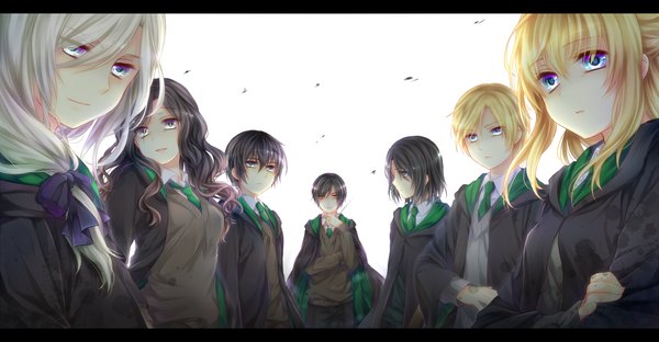 Anime picture 1700x884 with harry potter severus snape draco malfoy regulus black tom marvolo riddle lucius malfoy narcissa malfoy bellatrix lestrange yuuna minato long hair highres short hair open mouth blue eyes black hair simple background blonde hair smile red eyes wide image