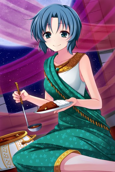 Anime picture 960x1440 with higurashi no naku koro ni studio deen chie rumiko uzu hi single tall image looking at viewer short hair blue eyes smile blue hair girl dress food moon