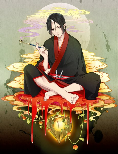 Anime picture 1000x1300 with hoozuki no reitetsu wit studio hoozuki (hoozuki no reitetsu) chimachi single tall image black hair sitting holding looking away full body traditional clothes japanese clothes barefoot horn (horns) pointy ears black eyes bare legs smoke demon