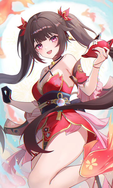 Anime picture 2804x4641 with honkai: star rail honkai (series) sparkle (honkai: star rail) youwon0417 single long hair tall image looking at viewer blush fringe highres breasts open mouth light erotic smile brown hair twintails bare shoulders holding payot