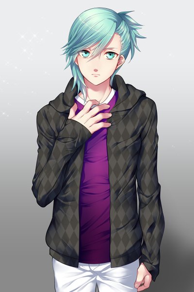Anime picture 900x1350 with uta no prince-sama a-1 pictures mikaze ai yamaki suzume single tall image looking at viewer short hair simple background aqua eyes aqua hair grey background boy