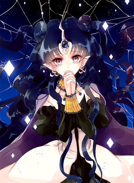 Anime picture 600x820 with bishoujo senshi sailor moon toei animation queen nehelenia ahma single long hair tall image looking at viewer black hair purple eyes twintails pointy ears hair bun (hair buns) facial mark praying girl dress detached sleeves earrings