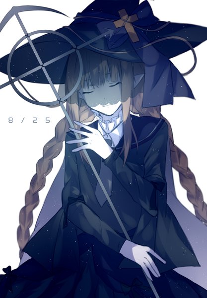 Anime picture 1600x2300 with wadanohara and the great blue sea wadanohara chuizi single long hair tall image fringe simple background brown hair white background payot blunt bangs braid (braids) eyes closed pointy ears twin braids dated sad girl hat