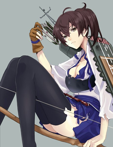 Anime picture 900x1165 with kantai collection kaga aircraft carrier pokimari single long hair tall image looking at viewer fringe breasts light erotic simple background brown hair large breasts sitting brown eyes ponytail torn clothes side ponytail torn girl