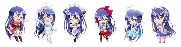 Anime picture 1200x315 with love live! school idol project sunrise (studio) love live! sonoda umi si-rakouhei long hair blush open mouth simple background wide image white background brown eyes blue hair full body eyes closed one eye closed wink chibi girl dress