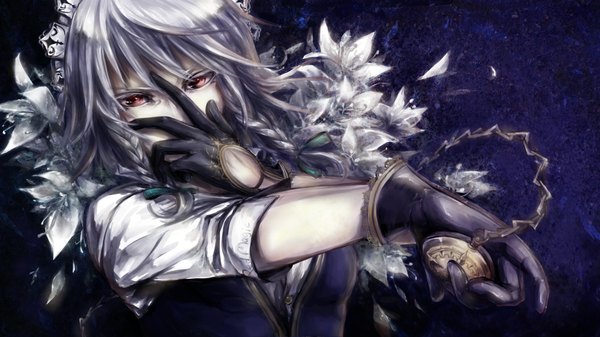 Anime picture 2120x1192 with touhou izayoi sakuya cham single highres short hair red eyes wide image silver hair maid girl gloves flower (flowers) headdress maid headdress clock pocket watch