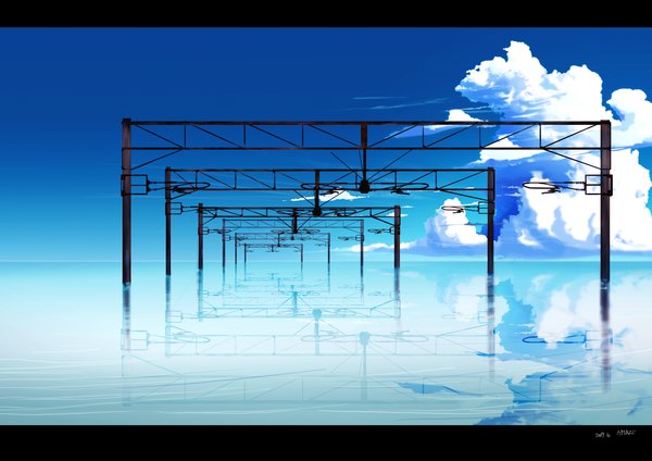 Anime picture 1753x1241 with original amazu highres sky cloud (clouds) reflection no people landscape sea power lines