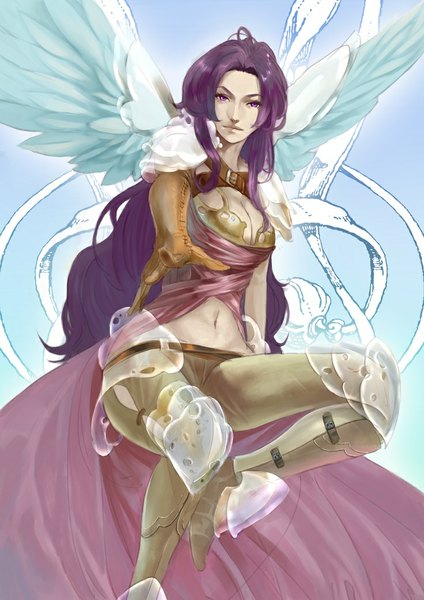 Anime picture 736x1041 with revenge of dragoon single long hair tall image looking at viewer simple background sitting purple eyes purple hair very long hair angel wings pointing girl navel wings belt armor transparent clothing