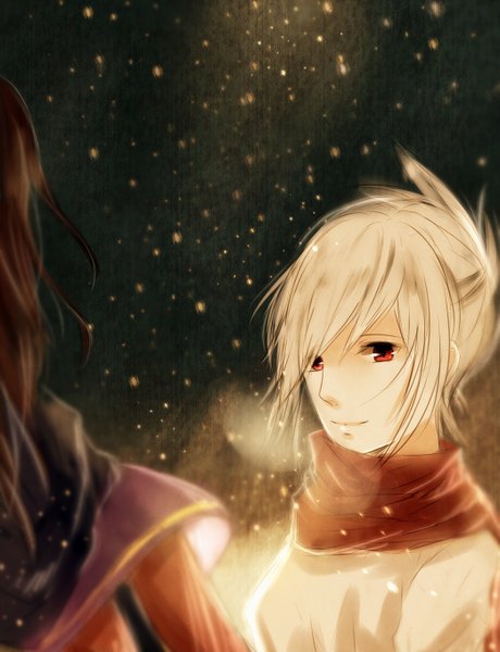 Anime picture 1041x1358 with league of legends riven (league of legends) talon (league of legends) yosuki (artist) long hair tall image looking at viewer short hair red eyes brown hair light smile grey hair christmas steam merry christmas girl boy scarf