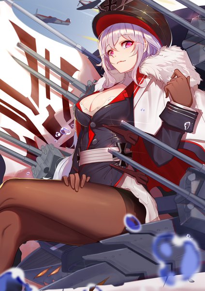 Anime picture 1488x2105 with azur lane graf zeppelin (azur lane) langya beike single long hair tall image looking at viewer fringe breasts light erotic smile hair between eyes large breasts sitting cleavage silver hair long sleeves pleated skirt pink eyes blurry