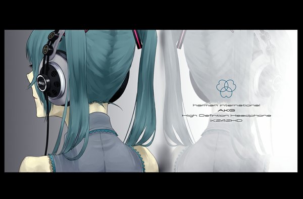 Anime picture 1065x700 with vocaloid hatsune miku robo8 single long hair twintails from behind aqua hair inscription back zoom layer girl headphones