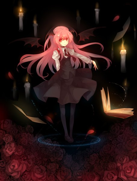 Anime picture 1139x1500 with touhou koakuma dhiea single long hair tall image looking at viewer smile red eyes pink hair puffy sleeves magic bat wings head wings midair girl skirt flower (flowers) shirt wings