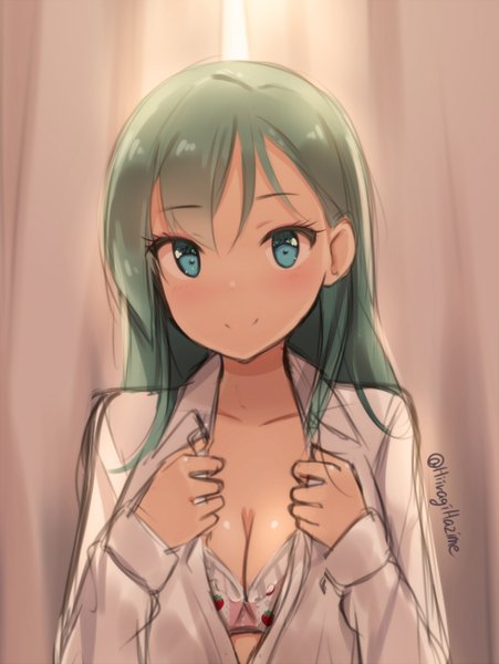 Anime picture 1000x1331 with kantai collection suzuya heavy cruiser hiiragi hajime single long hair tall image looking at viewer blush fringe light erotic smile brown hair signed cleavage aqua eyes open clothes open shirt dark skin undressing girl