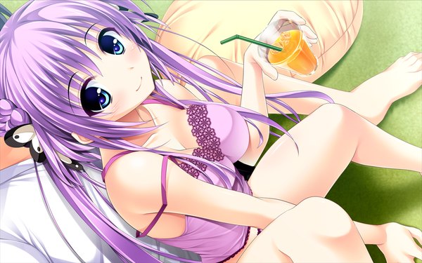 Anime picture 1054x659 with scramble lovers aoi yui ariko youichi long hair looking at viewer blush breasts blue eyes light erotic smile large breasts sitting twintails bare shoulders game cg cleavage purple hair arm support bare legs turning head